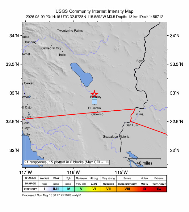 USGS DYFI community-reported intensity map for the M3.5 earthquake near 3 km WSW of Brawley, CA