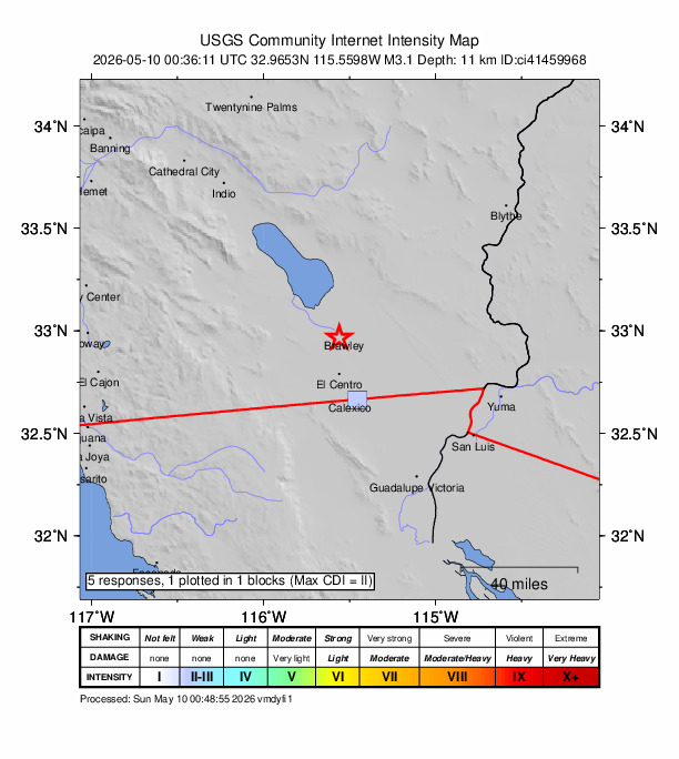 USGS DYFI community-reported intensity map for the M3.1 earthquake near 3 km WSW of Brawley, CA