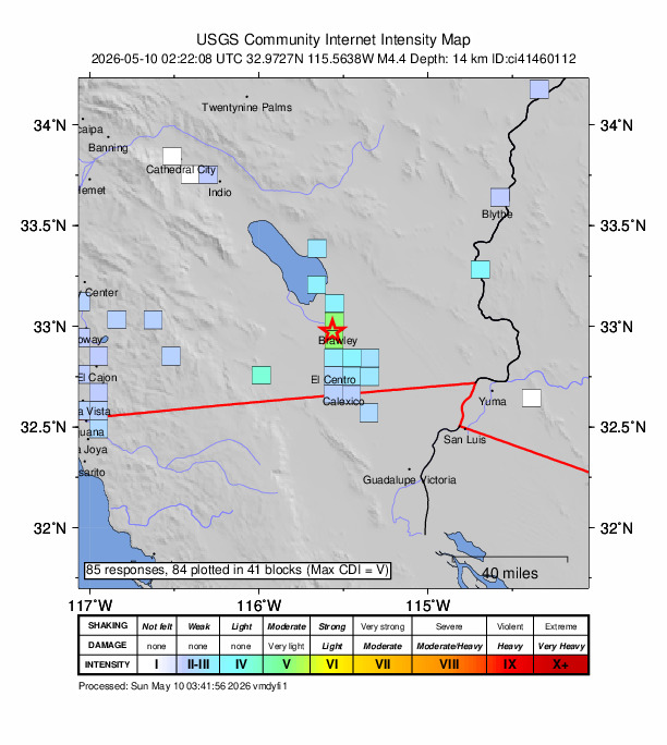 USGS DYFI community-reported intensity map for the M4.4 earthquake near 3 km WSW of Brawley, CA