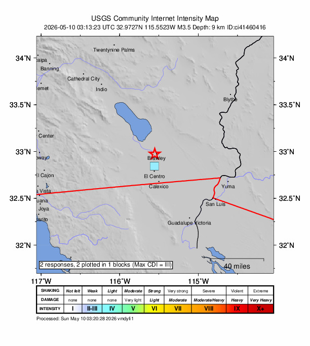 USGS DYFI community-reported intensity map for the M4.0 earthquake near 2 km WSW of Brawley, CA