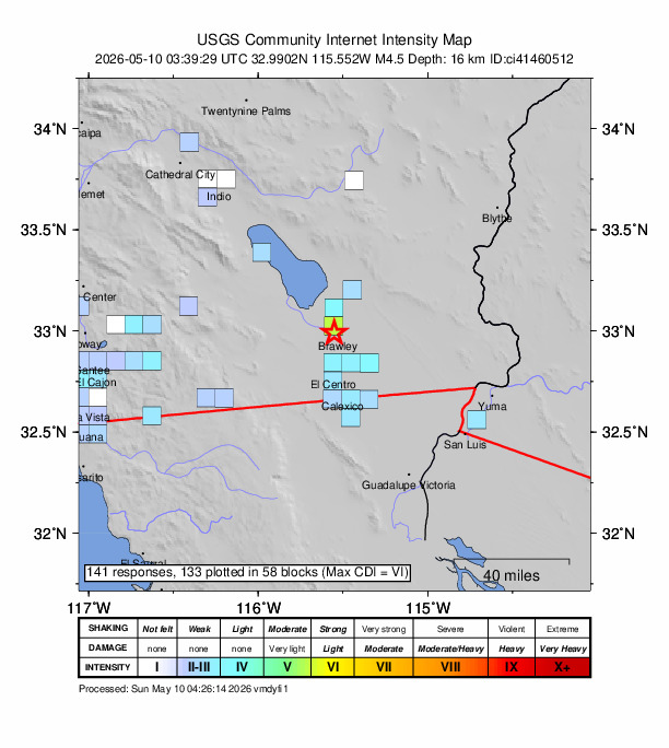 USGS DYFI community-reported intensity map for the M4.5 earthquake near 2 km WNW of Brawley, CA