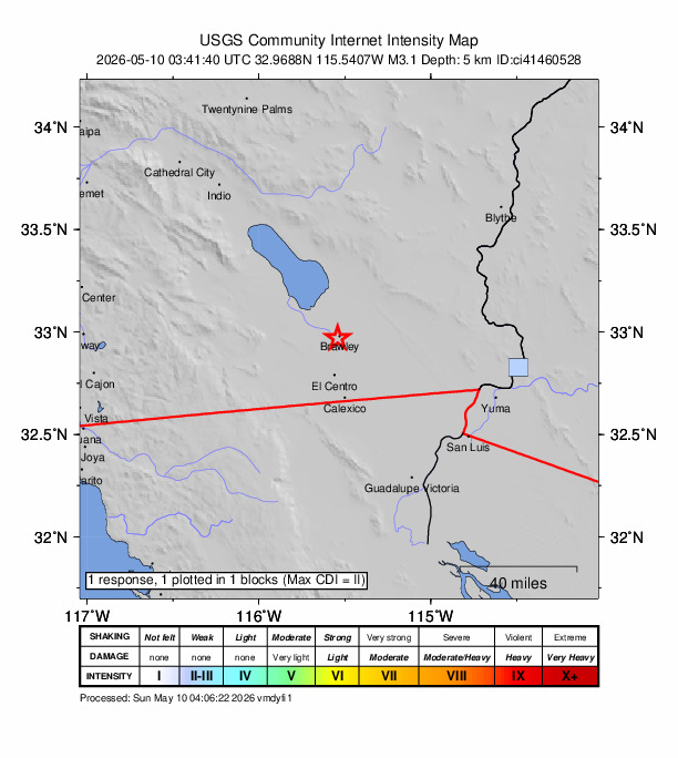 USGS DYFI community-reported intensity map for the M3.1 earthquake near 1 km SW of Brawley, CA
