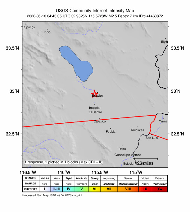 USGS DYFI community-reported intensity map for the M2.5 earthquake near 4 km WSW of Brawley, CA