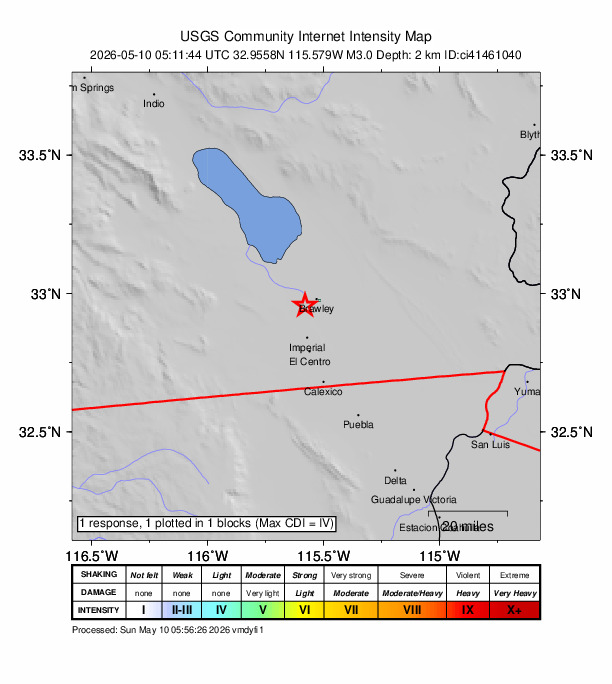 USGS DYFI community-reported intensity map for the M3.0 earthquake near 5 km WSW of Brawley, CA