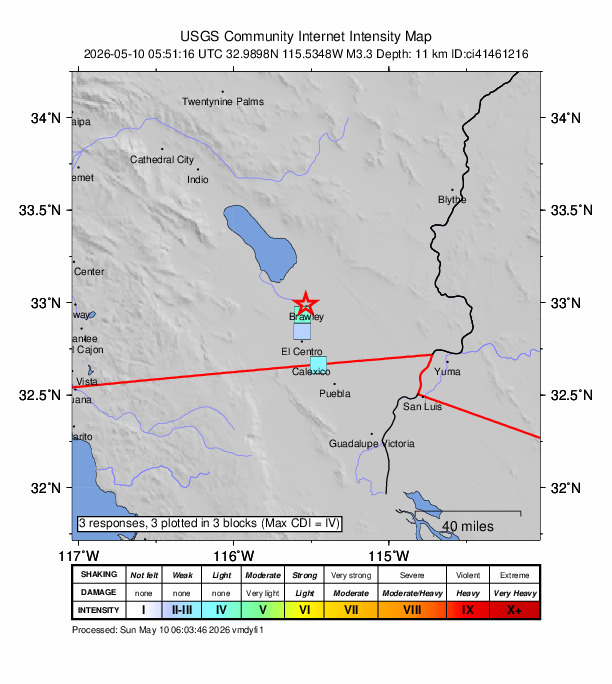 USGS DYFI community-reported intensity map for the M3.3 earthquake near 1 km NNW of Brawley, CA