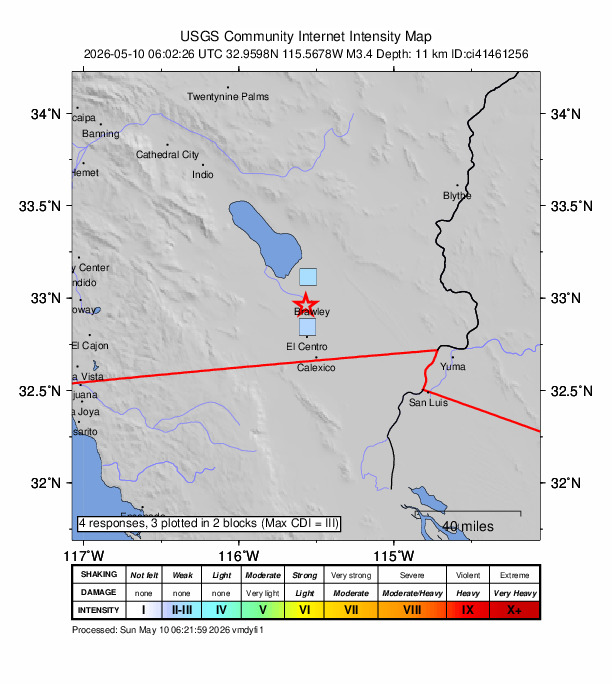 USGS DYFI community-reported intensity map for the M3.4 earthquake near 4 km WSW of Brawley, CA
