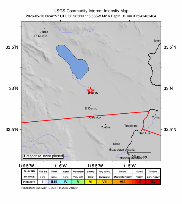 USGS DYFI community-reported intensity map for the M2.6 earthquake near 4 km WSW of Brawley, CA