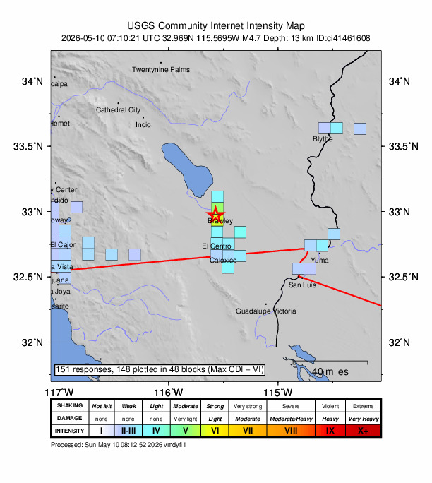 USGS DYFI community-reported intensity map for the M4.7 earthquake near 4 km WSW of Brawley, CA