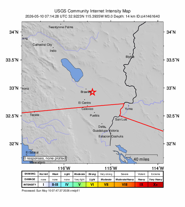 USGS DYFI community-reported intensity map for the M3.0 earthquake near 12 km N of Holtville, CA