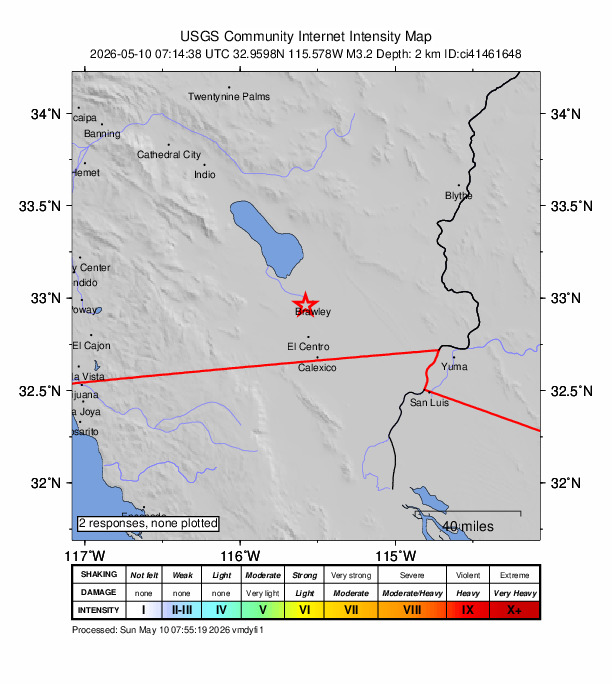 USGS DYFI community-reported intensity map for the M3.2 earthquake near 5 km WSW of Brawley, CA