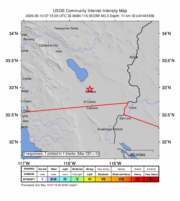 USGS DYFI community-reported intensity map for the M3.0 earthquake near 3 km WSW of Brawley, CA