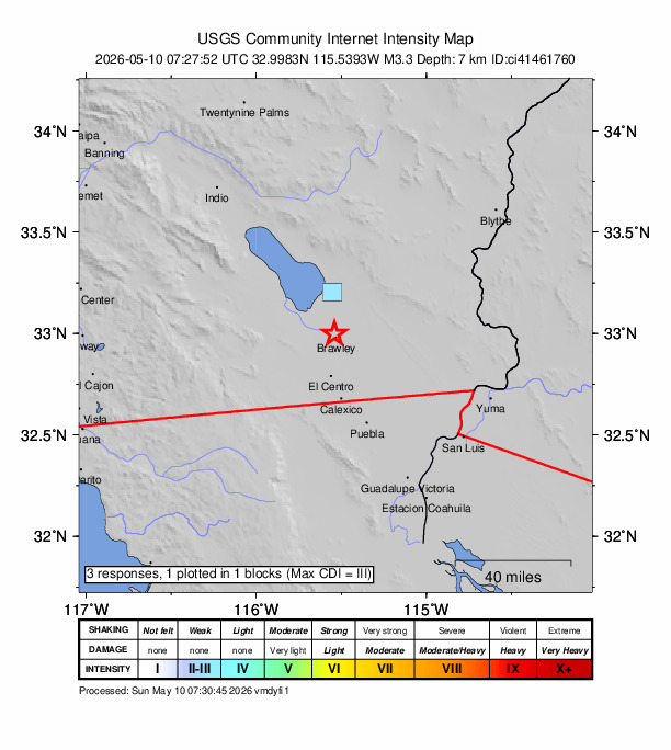 USGS DYFI community-reported intensity map for the M3.3 earthquake near 2 km NNW of Brawley, CA
