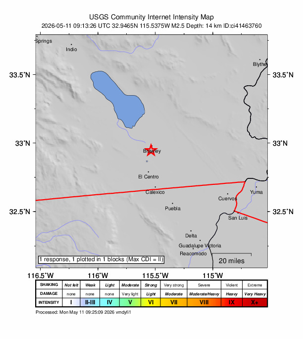 USGS DYFI community-reported intensity map for the M2.5 earthquake near 4 km S of Brawley, CA