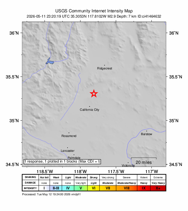USGS DYFI community-reported intensity map for the M2.9 earthquake near 18 km WSW of Johannesburg, CA