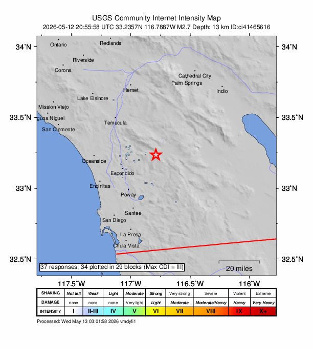 USGS DYFI community-reported intensity map for the M2.7 earthquake near 2 km WSW of Lake Henshaw, CA