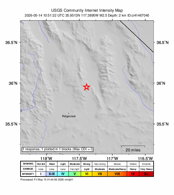 USGS DYFI community-reported intensity map for the M2.5 earthquake near 20 km N of Searles Valley, CA