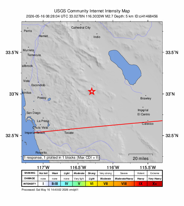 USGS DYFI community-reported intensity map for the M2.7 earthquake near 21 km SW of Ocotillo Wells, CA