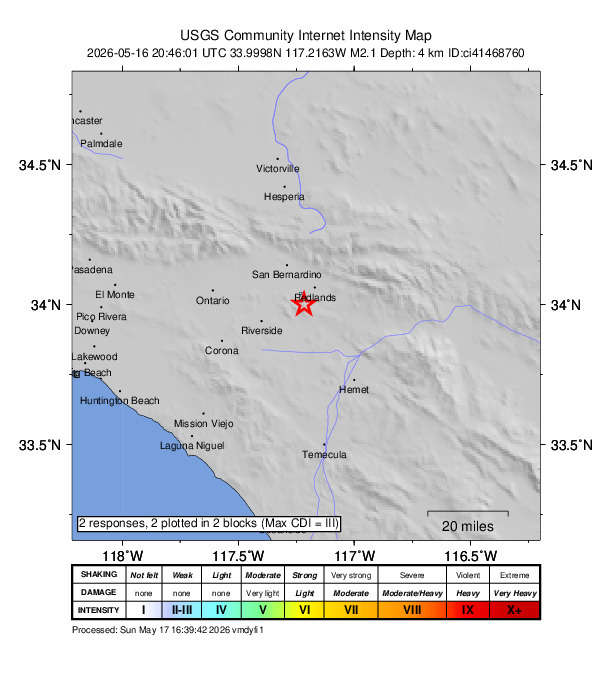 USGS DYFI community-reported intensity map for the M2.1 earthquake near 7 km SE of Loma Linda, CA