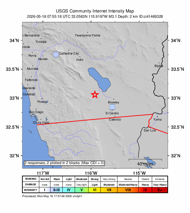 USGS DYFI community-reported intensity map for the M3.1 earthquake near 22 km ESE of Ocotillo Wells, CA