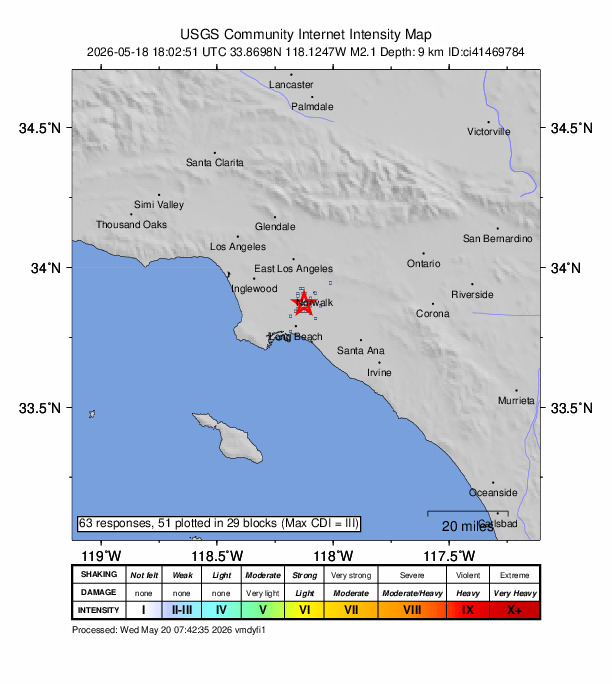 USGS DYFI community-reported intensity map for the M2.1 earthquake near 1 km SSW of Bellflower, CA