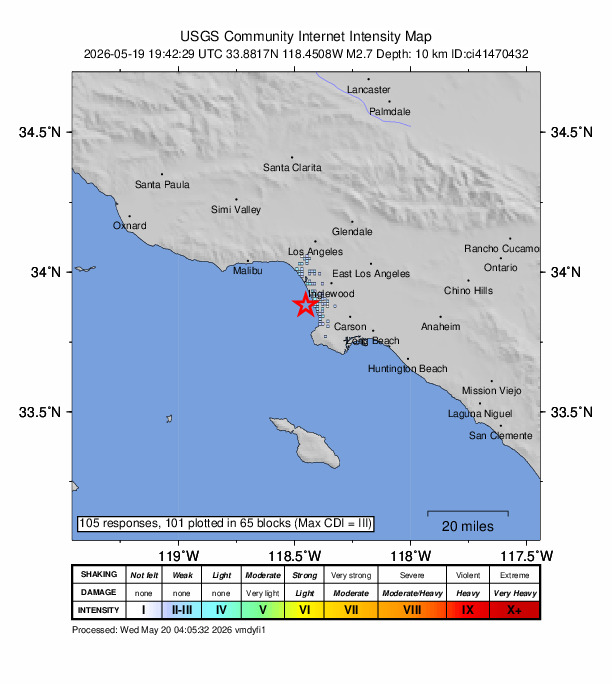 USGS DYFI community-reported intensity map for the M2.7 earthquake near 4 km W of Manhattan Beach, CA