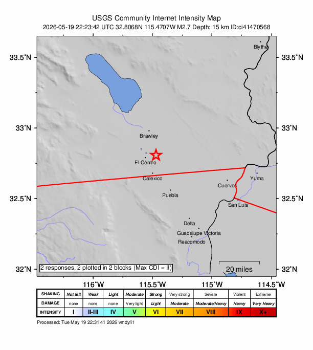 USGS DYFI community-reported intensity map for the M2.5 earthquake near 8 km W of Holtville, CA