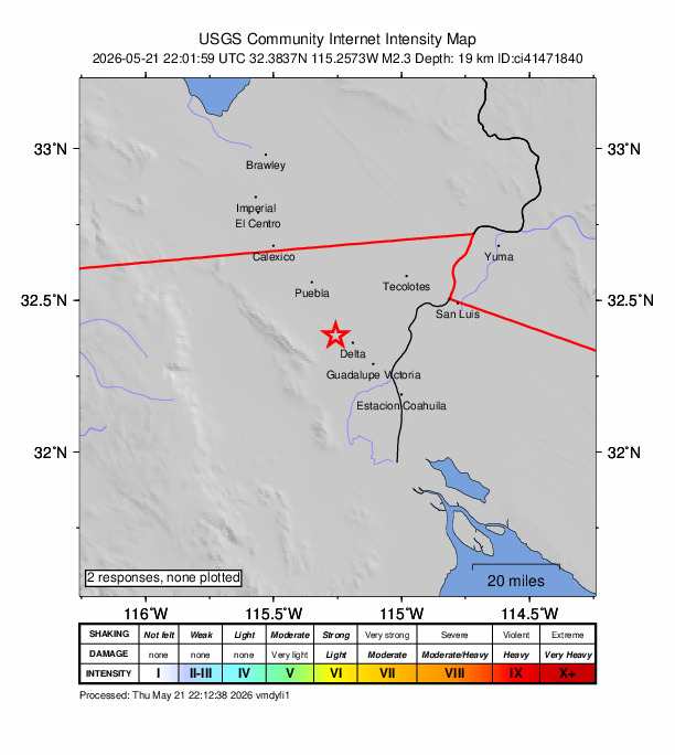 USGS DYFI community-reported intensity map for the M2.3 earthquake near 6 km WNW of Delta, B.C., MX
