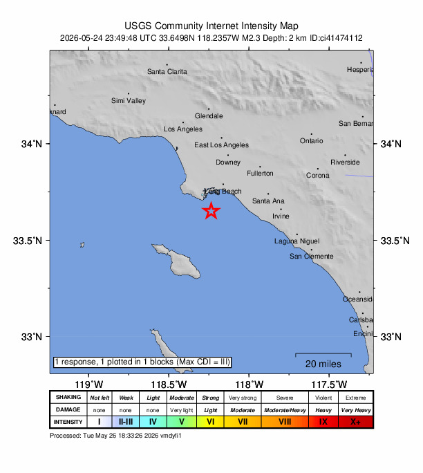 USGS DYFI community-reported intensity map for the M2.3 earthquake near 11 km SSE of San Pedro, CA