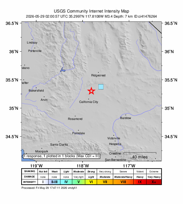 USGS DYFI community-reported intensity map for the M3.4 earthquake near 18 km WSW of Johannesburg, CA