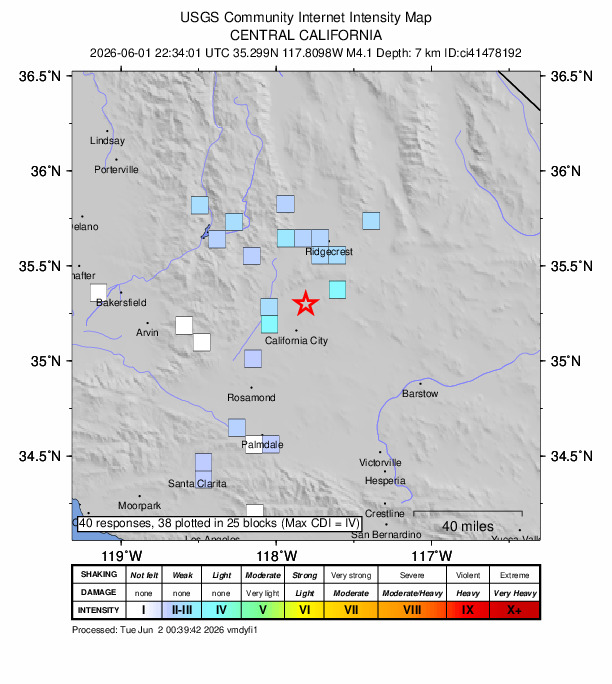 USGS DYFI community-reported intensity map for the M4.1 earthquake near 18 km WSW of Johannesburg, CA
