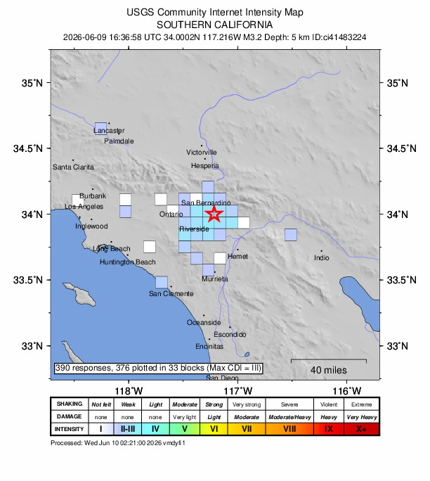 USGS DYFI community-reported intensity map for the M3.2 earthquake near 7 km SE of Loma Linda, CA