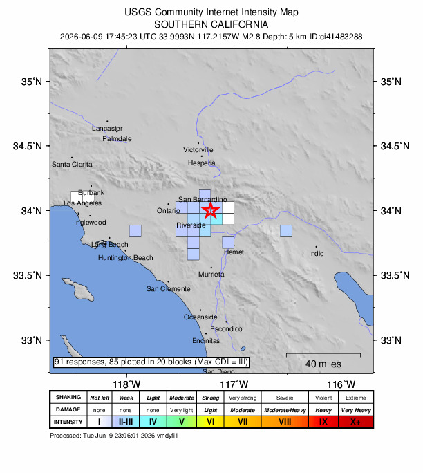USGS DYFI community-reported intensity map for the M2.8 earthquake near 7 km SE of Loma Linda, CA