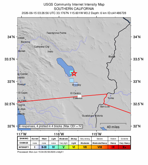 USGS DYFI community-reported intensity map for the M3.2 earthquake near 10 km NW of Calipatria, CA