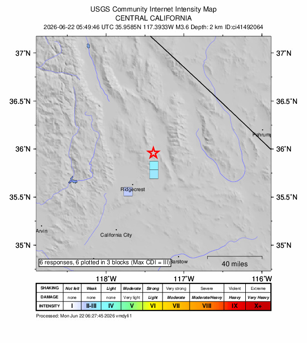 USGS DYFI community-reported intensity map for the M3.6 earthquake near 21 km N of Searles Valley, CA
