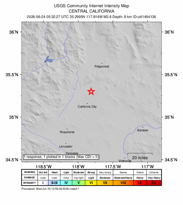 USGS DYFI community-reported intensity map for the M2.8 earthquake near 18 km WSW of Johannesburg, CA