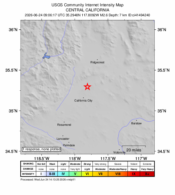 USGS DYFI community-reported intensity map for the M2.6 earthquake near 18 km WSW of Johannesburg, CA