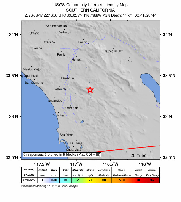 USGS DYFI community-reported intensity map for the M2.8 earthquake near 7 km ESE of Palomar Observatory, CA