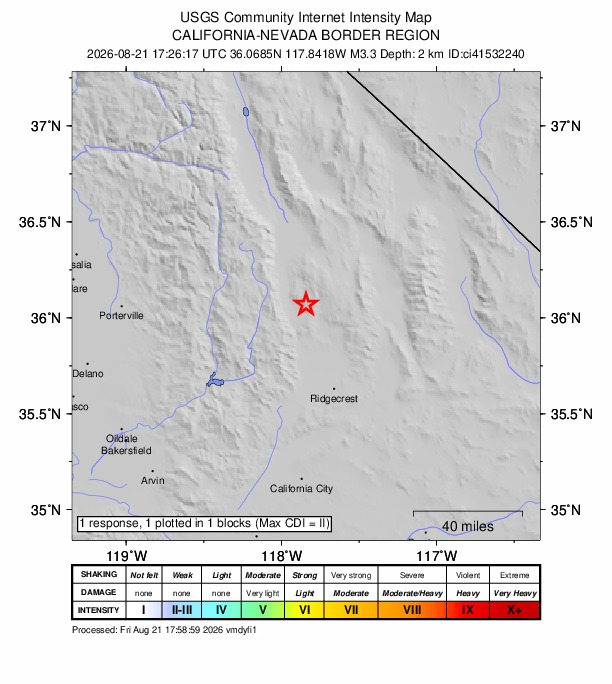 USGS DYFI community-reported intensity map for the M3.3 earthquake near 10 km ENE of Coso Junction, CA