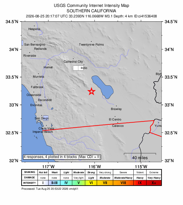 USGS DYFI community-reported intensity map for the M3.1 earthquake near 12 km WSW of Salton City, CA
