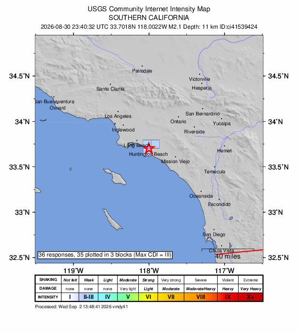 USGS DYFI community-reported intensity map for the M2.1 earthquake near 1 km N of Huntington Beach, CA