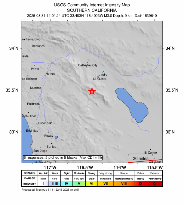 USGS DYFI community-reported intensity map for the M3.0 earthquake near 22 km SSW of La Quinta, CA