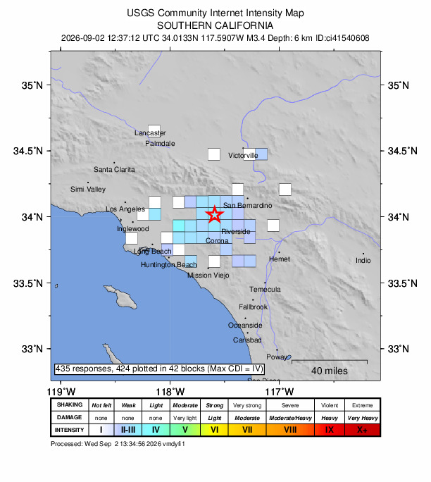 USGS DYFI community-reported intensity map for the M3.4 earthquake near 6 km SE of Ontario, CA