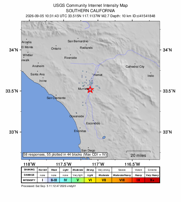 USGS DYFI community-reported intensity map for the M2.7 earthquake near 4 km NE of Temecula, CA
