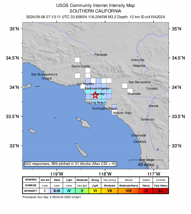 USGS DYFI community-reported intensity map for the M3.2 earthquake near 4 km SSE of Compton, CA