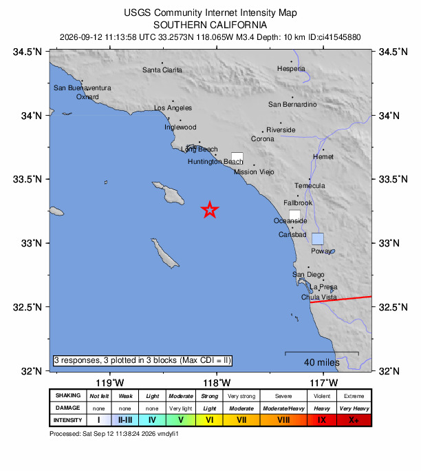 USGS DYFI community-reported intensity map for the M3.4 earthquake near 26 km ESE of Avalon, CA