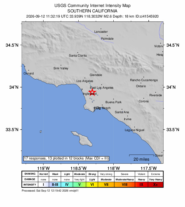 USGS DYFI community-reported intensity map for the M2.6 earthquake near 4 km ESE of Inglewood, CA