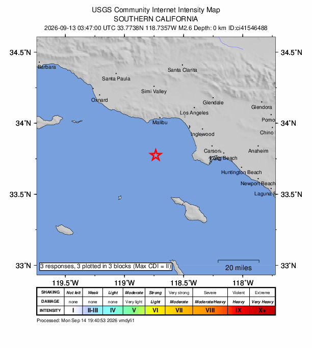 USGS DYFI community-reported intensity map for the M2.6 earthquake near 27 km SSE of Malibu, CA