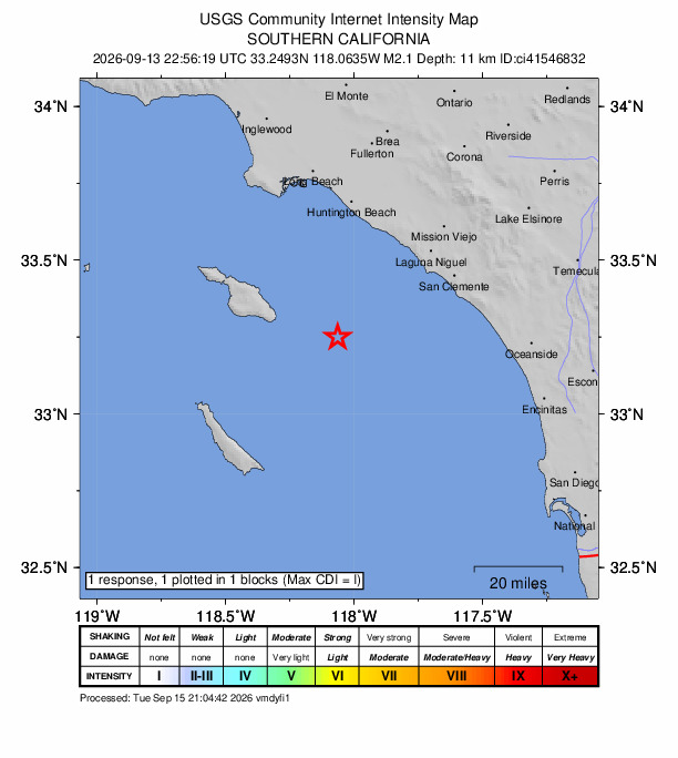 USGS DYFI community-reported intensity map for the M2.1 earthquake near 27 km ESE of Avalon, CA