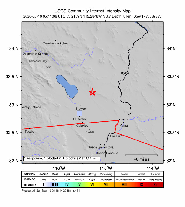 USGS DYFI community-reported intensity map for the M3.2 earthquake near 3 km WSW of Brawley, CA