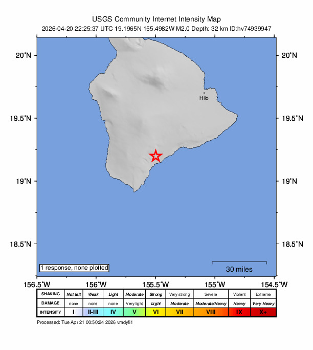 USGS DYFI community-reported intensity map for the M2.0 earthquake near 2 km WSW of Pāhala, Hawaii